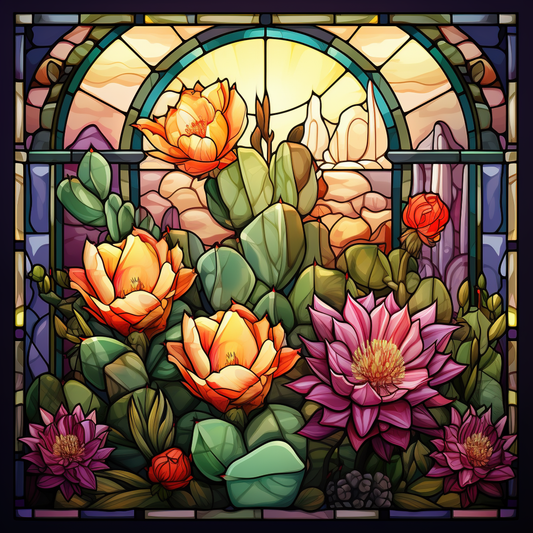 Cacti and Succulent Plant Flower Stained Glass Window Cling Window Sticker