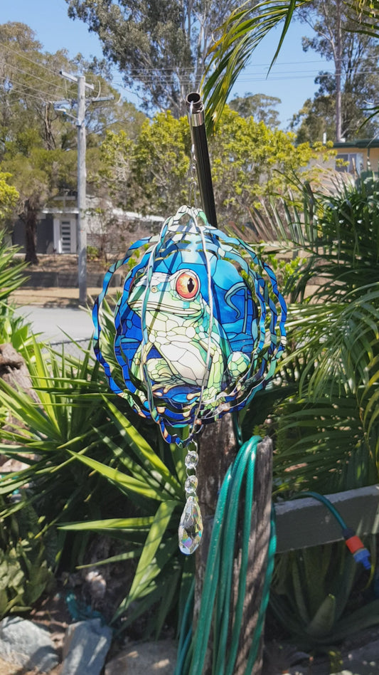 Beautifully stained glass frog wind spinner